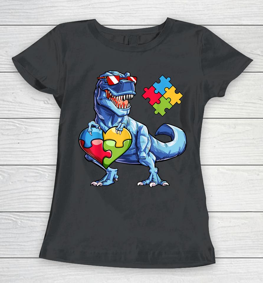 Dinosaur Puzzle Piece Boys Autism Awareness Women T-Shirt