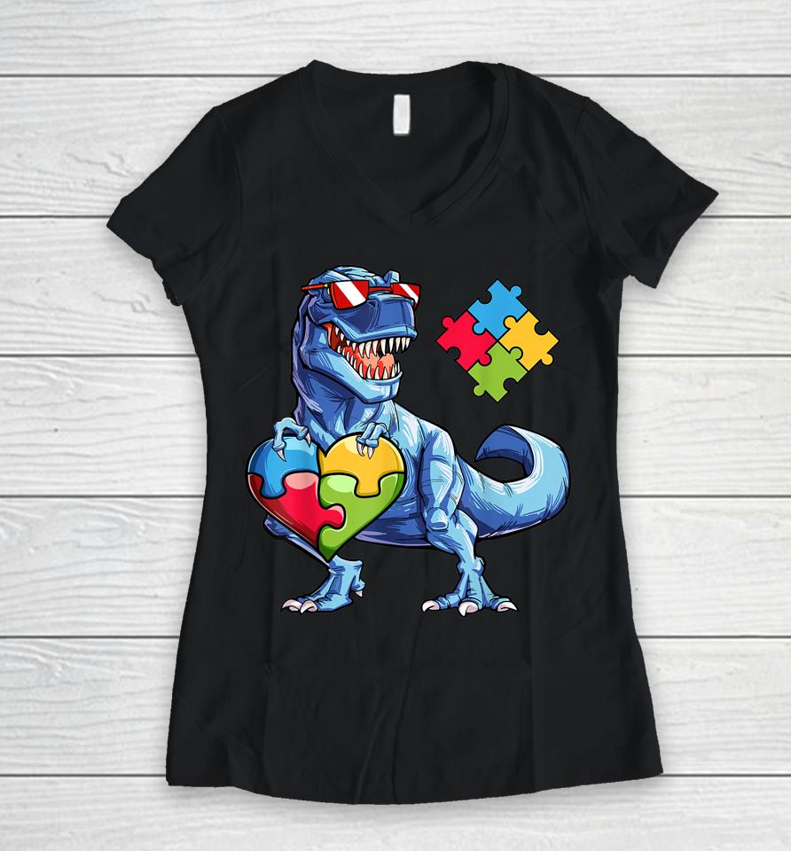 Dinosaur Puzzle Piece Boys Autism Awareness Women V-Neck T-Shirt