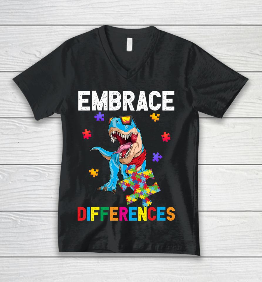 Dinosaur Puzzle Piece Kids Boys Autism Awareness Unisex V-Neck T-Shirt