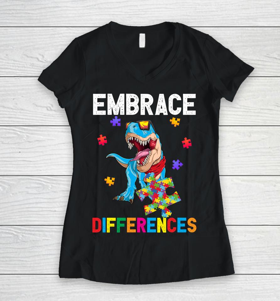 Dinosaur Puzzle Piece Kids Boys Autism Awareness Women V-Neck T-Shirt