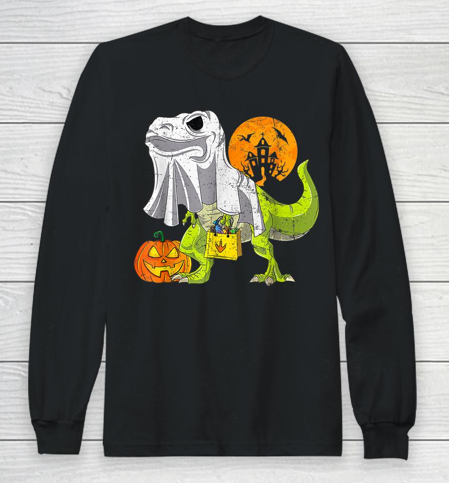 Dinosaur T Rex Skeleton Pumpkin With Moon Halloween Long Sleeve T-Shirt