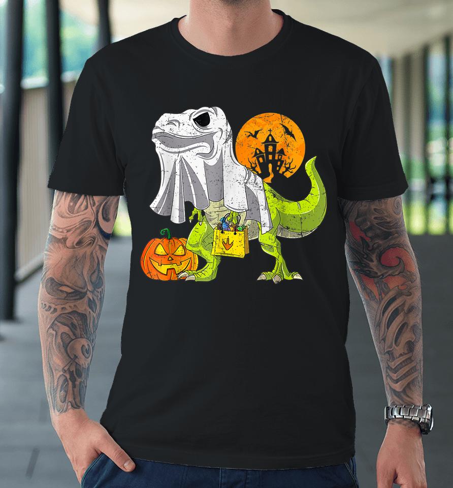 Dinosaur T Rex Skeleton Pumpkin With Moon Halloween Premium T-Shirt