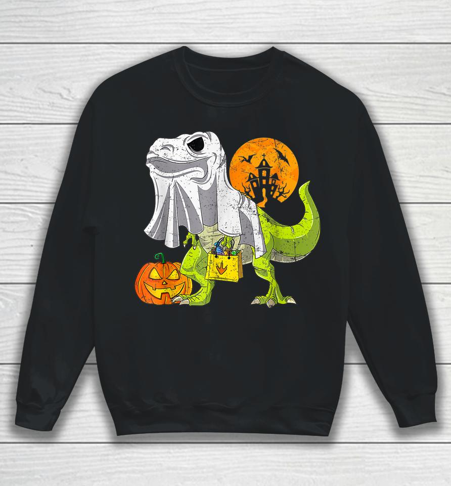 Dinosaur T Rex Skeleton Pumpkin With Moon Halloween Sweatshirt