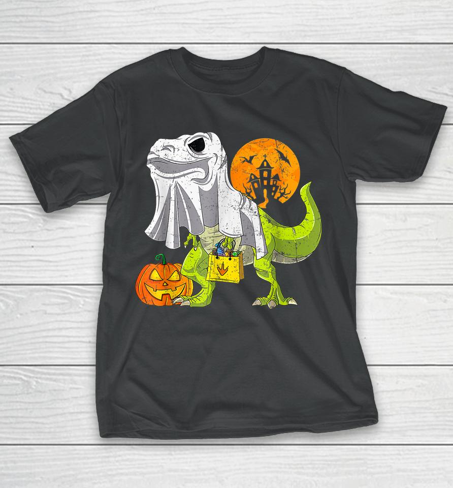 Dinosaur T Rex Skeleton Pumpkin With Moon Halloween T-Shirt