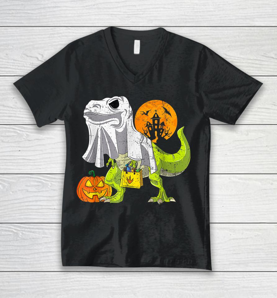 Dinosaur T Rex Skeleton Pumpkin With Moon Halloween Unisex V-Neck T-Shirt