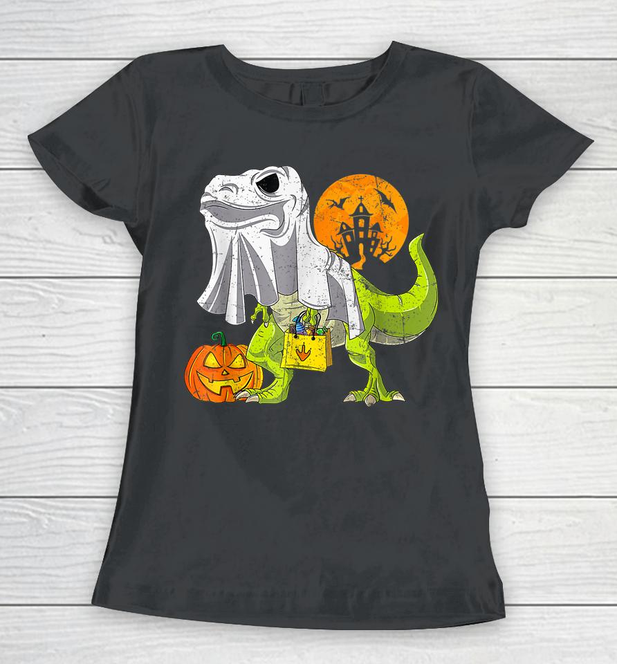 Dinosaur T Rex Skeleton Pumpkin With Moon Halloween Women T-Shirt