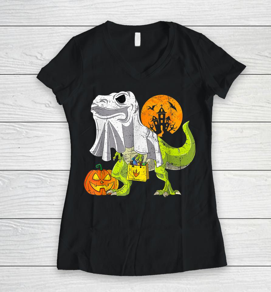 Dinosaur T Rex Skeleton Pumpkin With Moon Halloween Women V-Neck T-Shirt