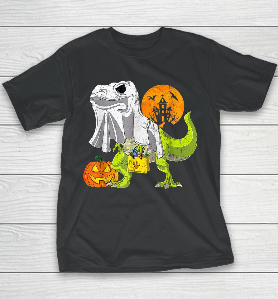 Dinosaur T Rex Skeleton Pumpkin With Moon Halloween Youth T-Shirt