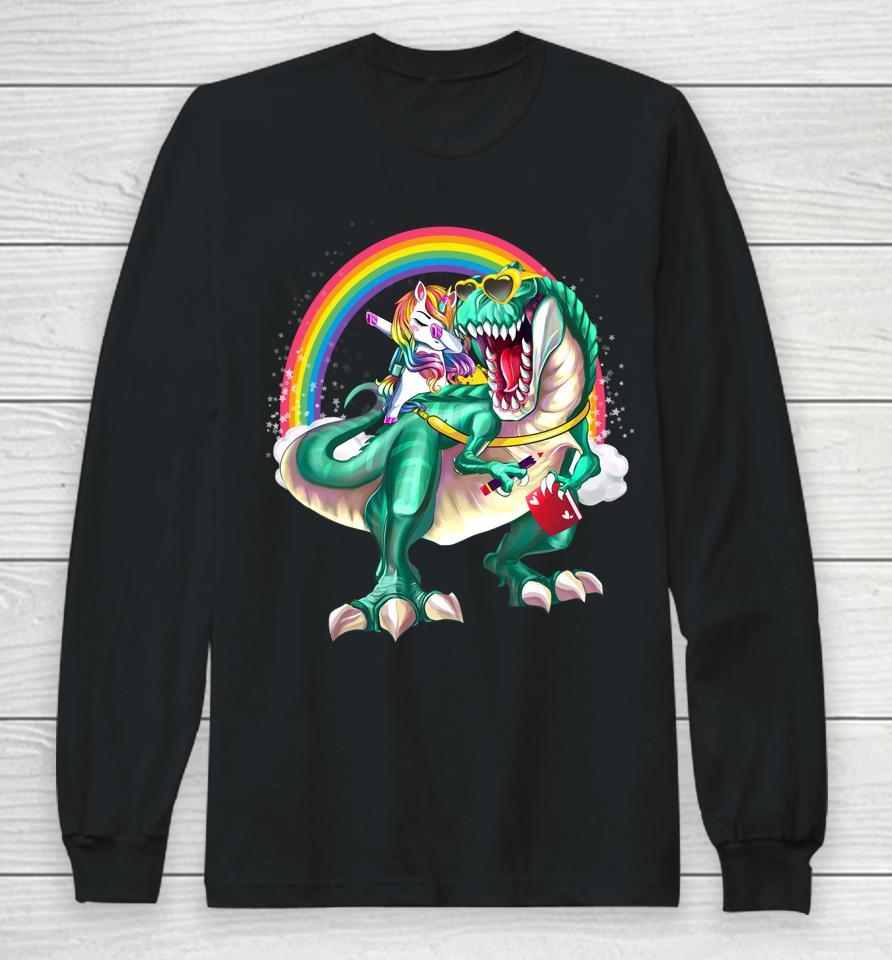 Dinosaur T Rex Unicorn Rainbow Back To School Long Sleeve T-Shirt