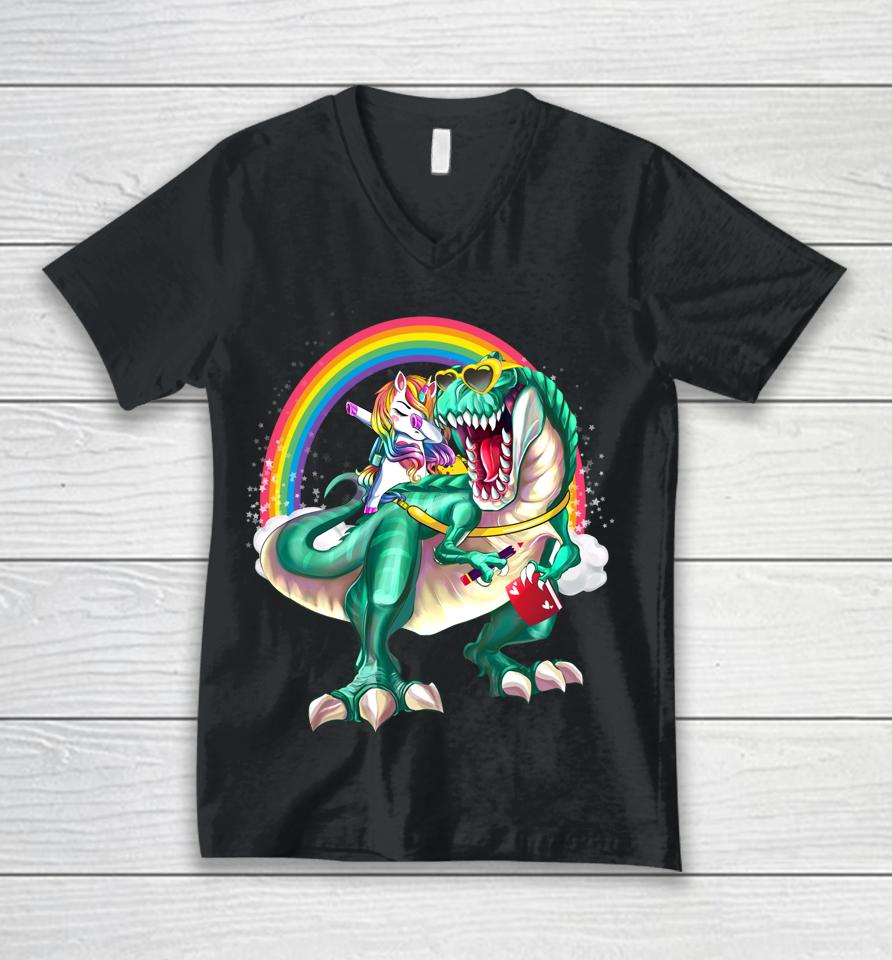 Dinosaur T Rex Unicorn Rainbow Back To School Unisex V-Neck T-Shirt