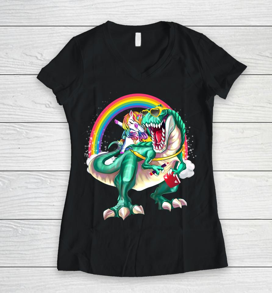 Dinosaur T Rex Unicorn Rainbow Back To School Women V-Neck T-Shirt