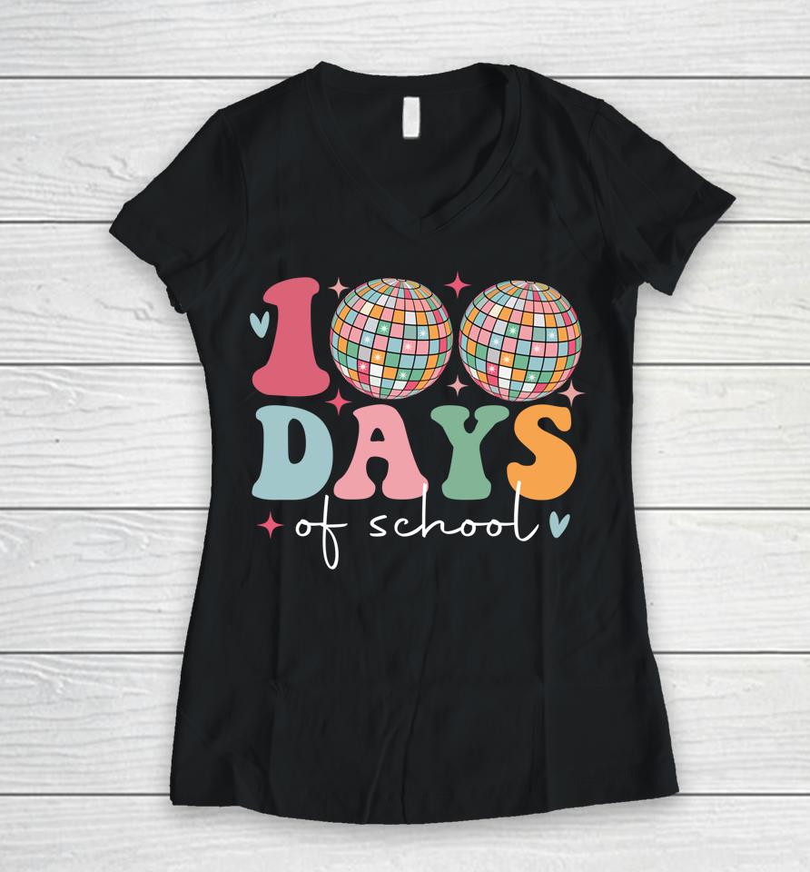 Disco Ball 100 Days Of School Women V-Neck T-Shirt
