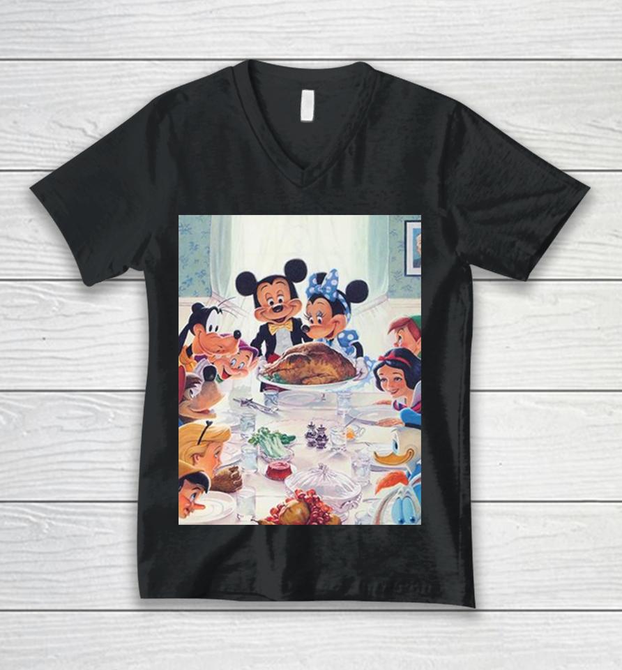 Disney Has Released A New Thanksgiving Painting With Mickey Minnie Snow White Goofy Peter Pan Unisex V-Neck T-Shirt