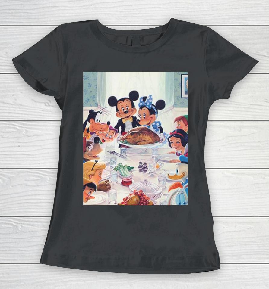 Disney Has Released A New Thanksgiving Painting With Mickey Minnie Snow White Goofy Peter Pan Women T-Shirt
