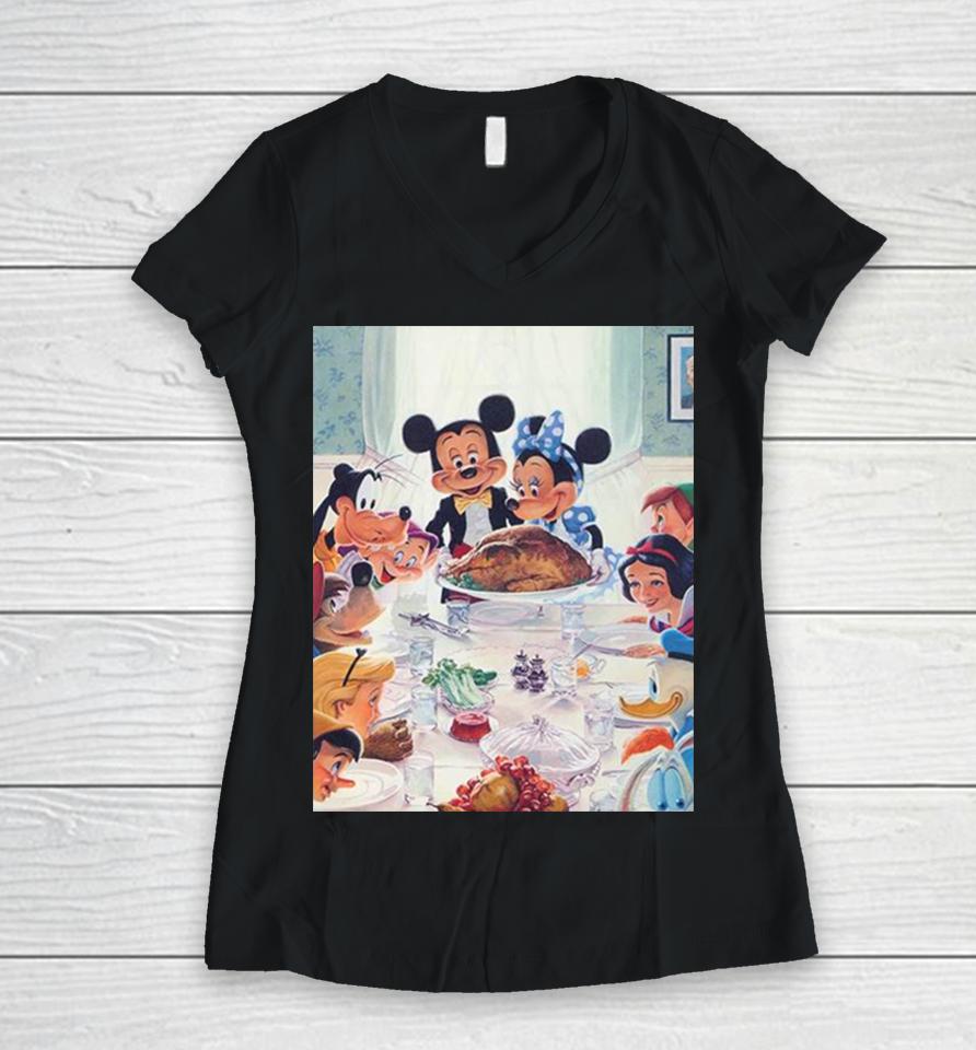 Disney Has Released A New Thanksgiving Painting With Mickey Minnie Snow White Goofy Peter Pan Women V-Neck T-Shirt