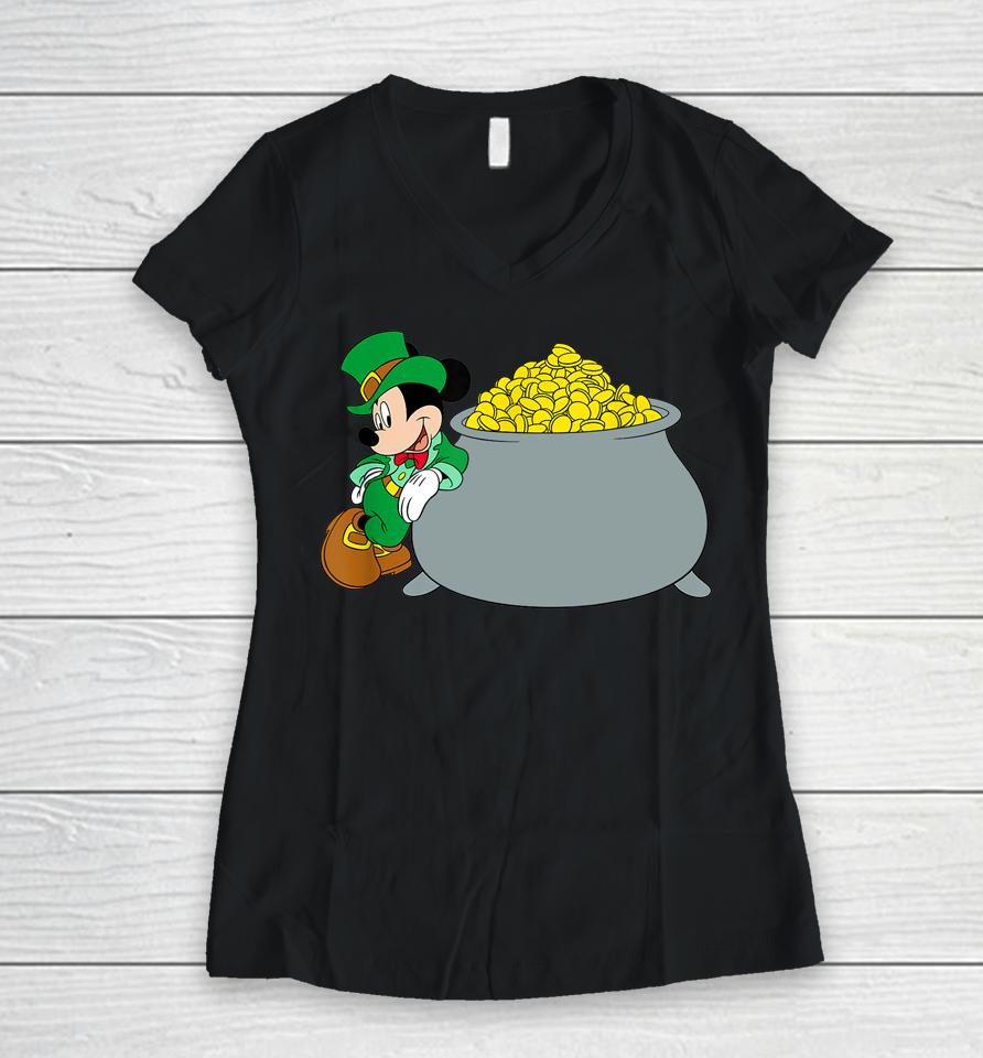 Disney Mickey Mouse St Patrick's Day Pot Of Gold Women V-Neck T-Shirt