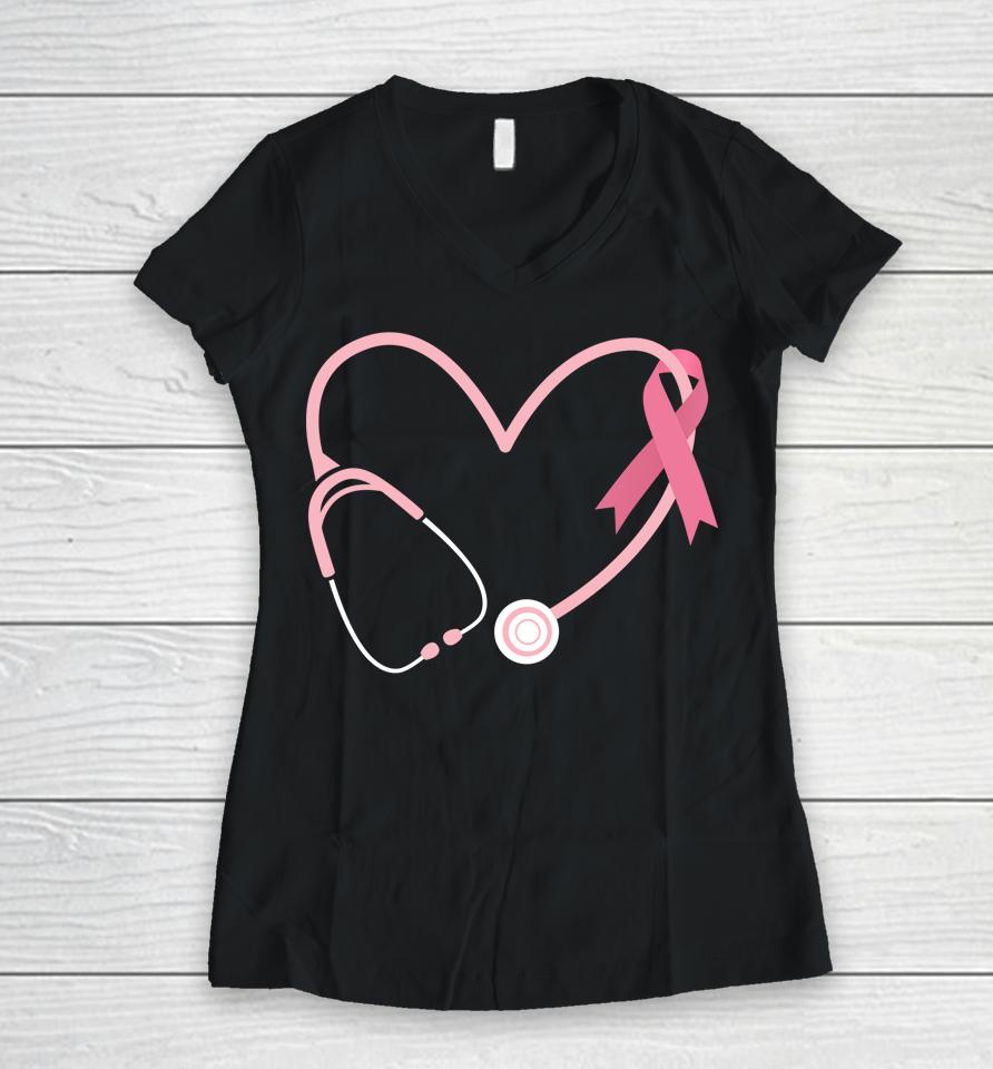 Doctor Nurse Heart Love Pink Ribbon Cute Breast Cancer Gifts Women V-Neck T-Shirt