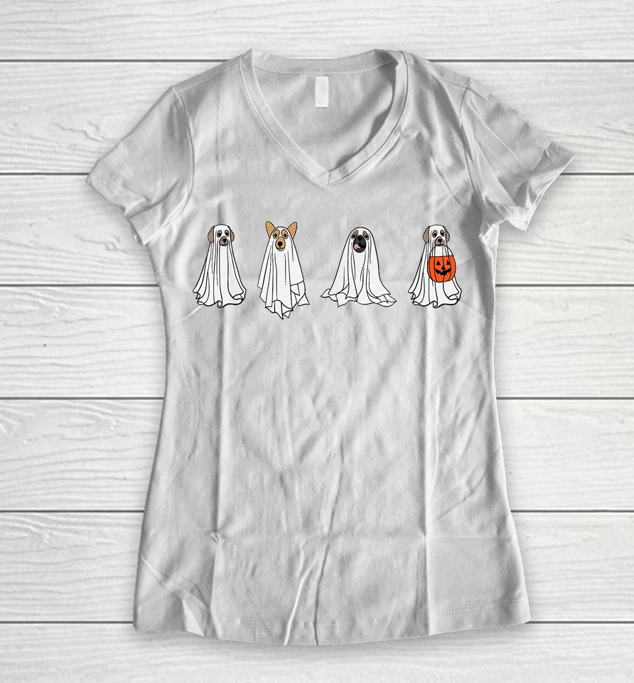 Dog Ghost Funny Halloween Mummy Dog Lover Matching Family Women V-Neck T-Shirt
