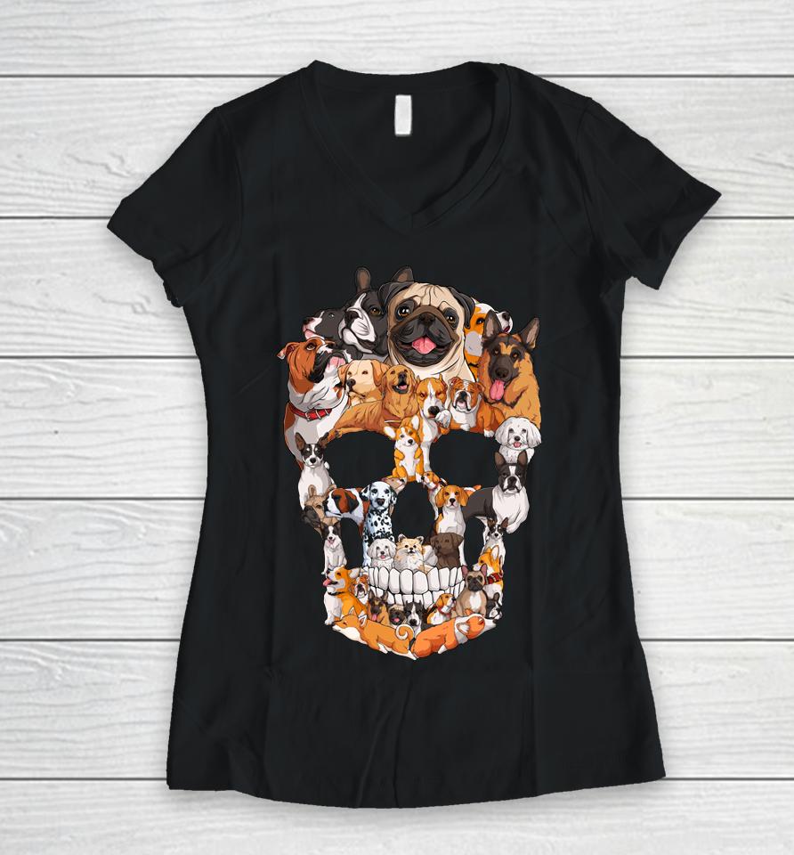 Dog Skull Dogs Paw Lover Halloween Women V-Neck T-Shirt