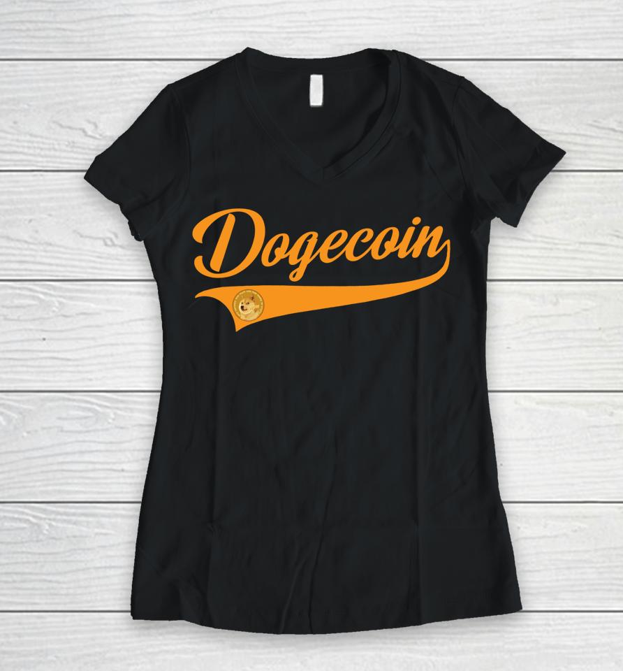 Dogecoin Doge Throwback Sporty Design Classic Women V-Neck T-Shirt