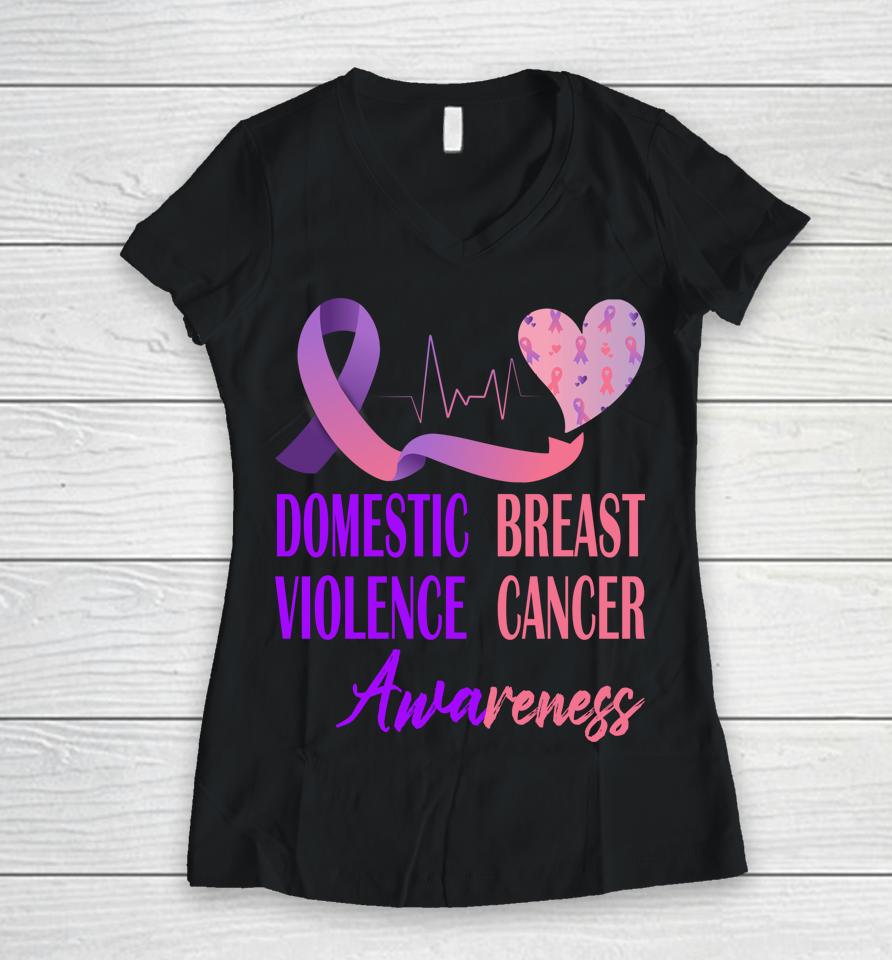 Domestic Violence And Breast Cancer Awareness Month Support Women V-Neck T-Shirt