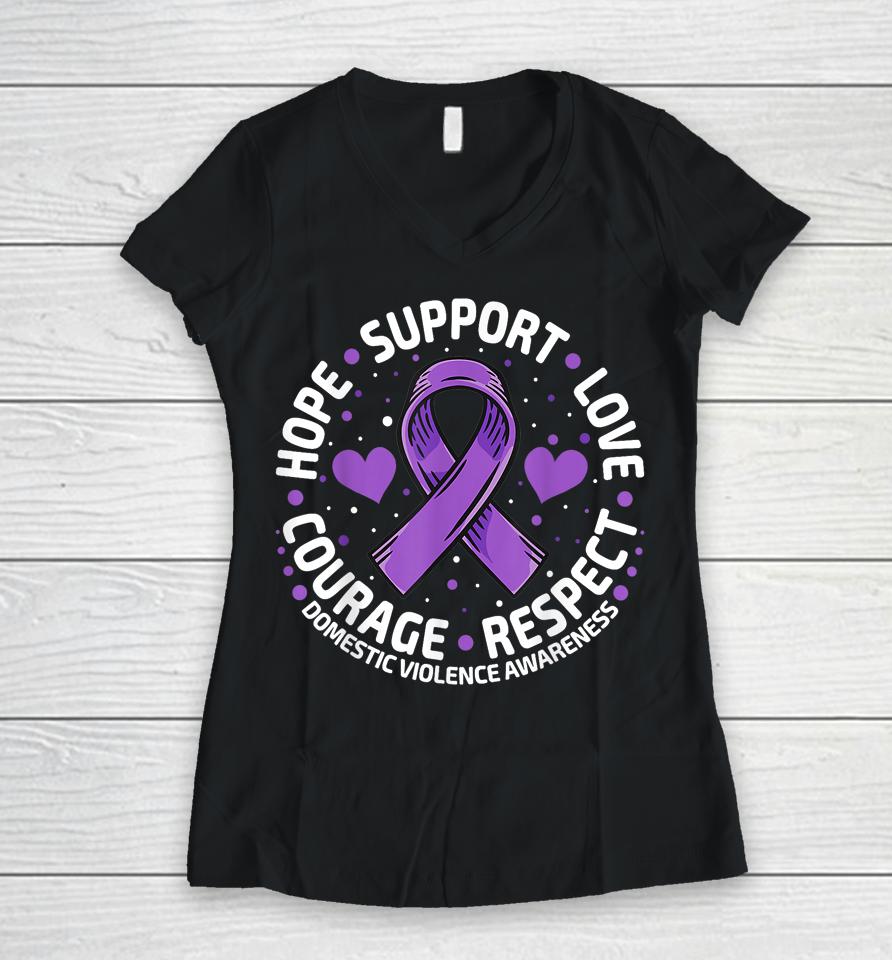 Domestic Violence Awareness Love Support Purple Ribbon Women V-Neck T-Shirt