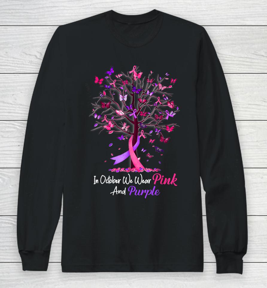 Domestic Violence Breast Cancer Awareness Month Ribbon Tree Long Sleeve T-Shirt