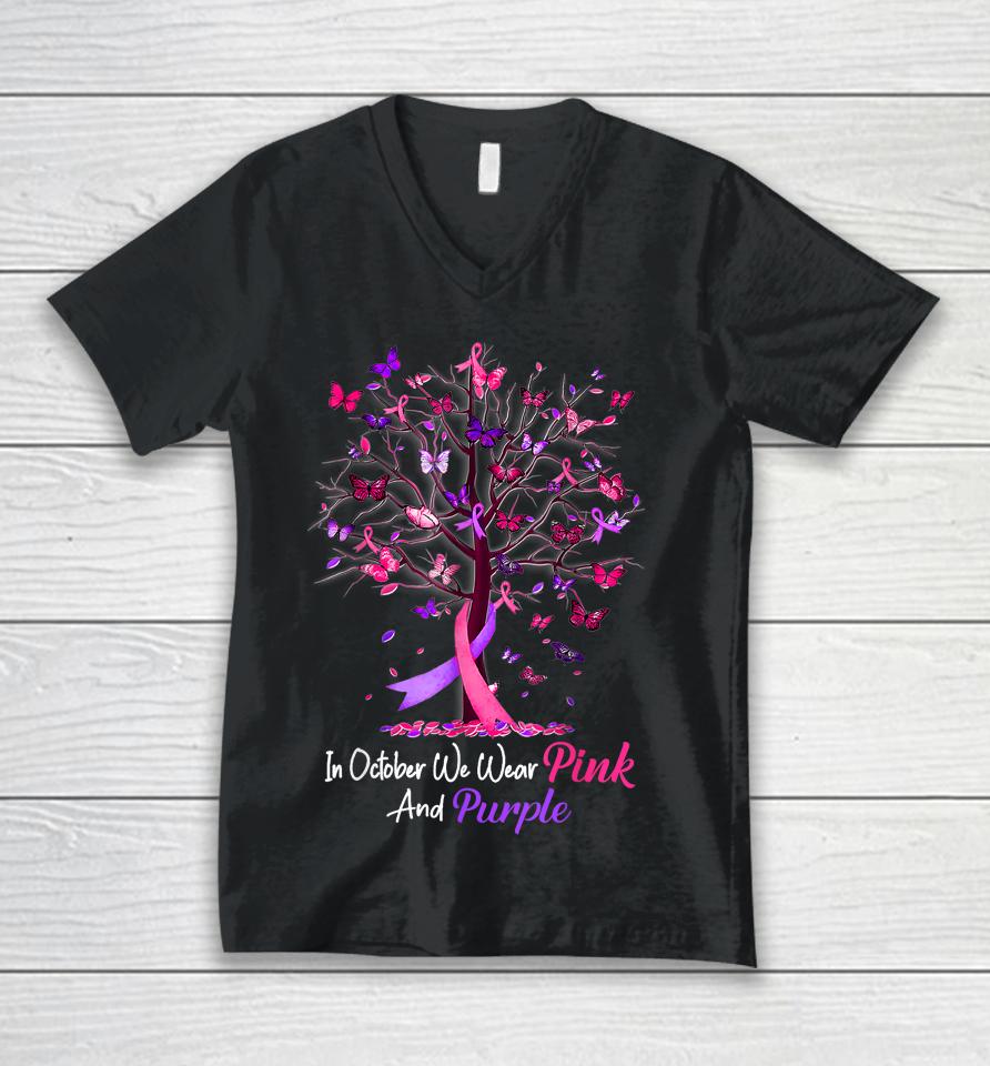 Domestic Violence Breast Cancer Awareness Month Ribbon Tree Unisex V-Neck T-Shirt
