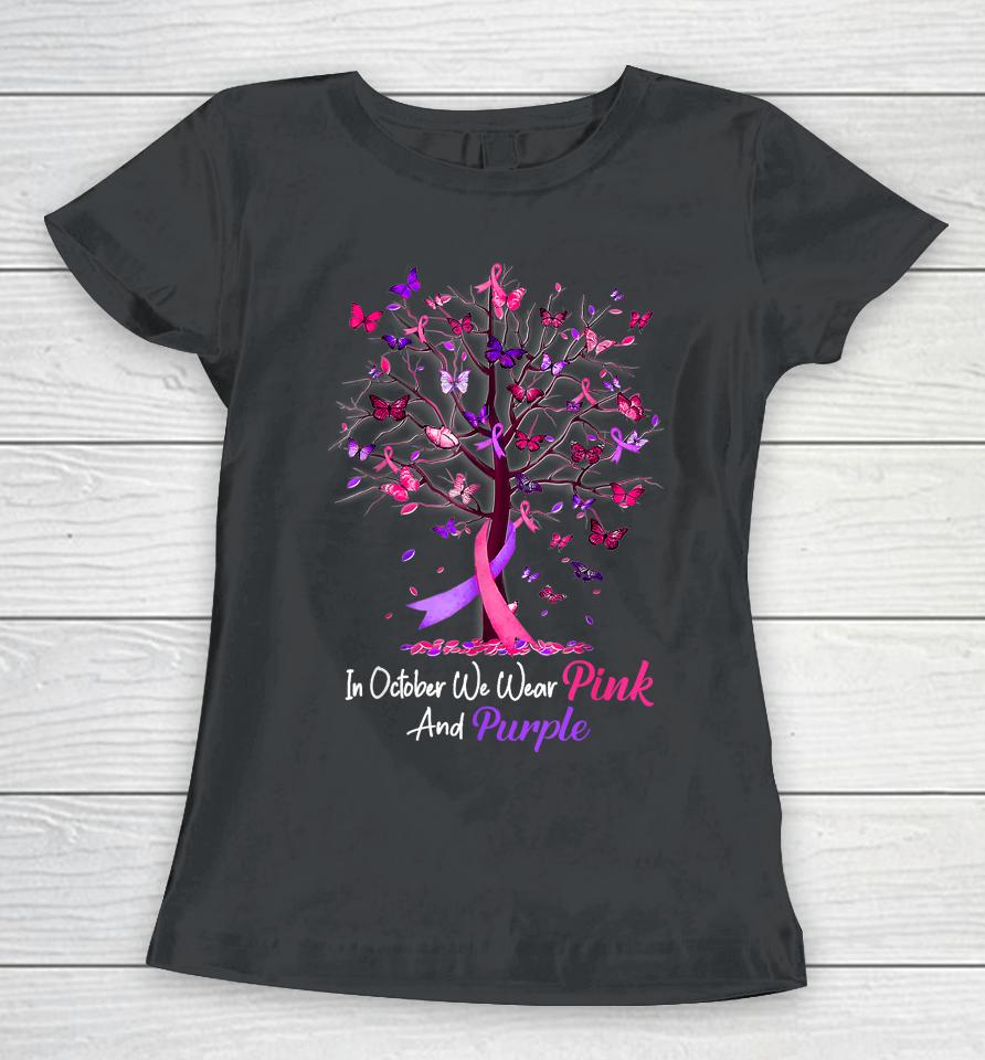 Domestic Violence Breast Cancer Awareness Month Ribbon Tree Women T-Shirt