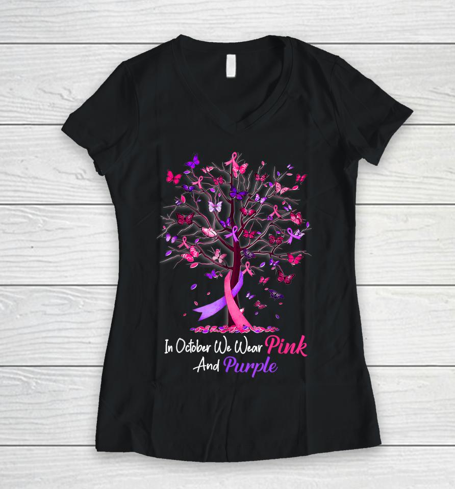 Domestic Violence Breast Cancer Awareness Month Ribbon Tree Women V-Neck T-Shirt