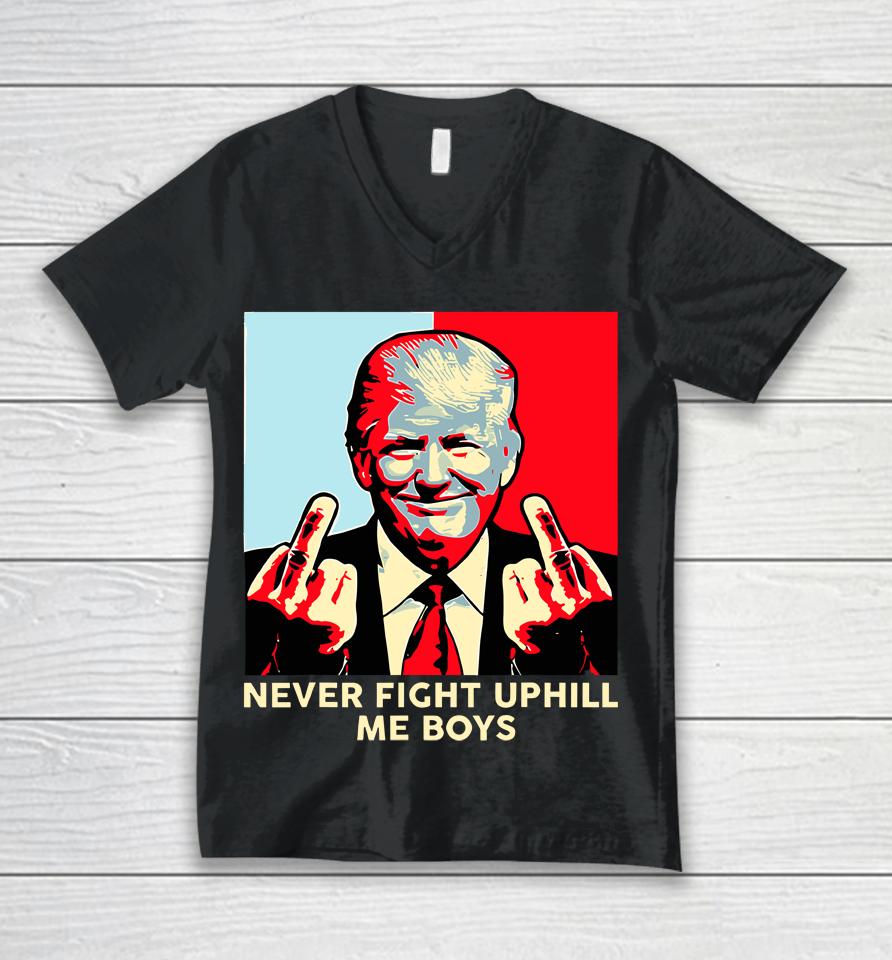 Donald Trump Never Fight Uphill Me Boys Unisex V-Neck T-Shirt