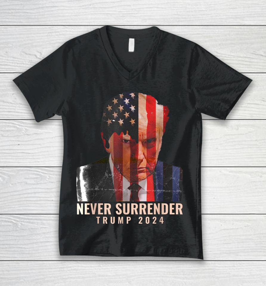 Donald Trump Never Surrender President 2024 Trump Mug Shot Unisex V-Neck T-Shirt
