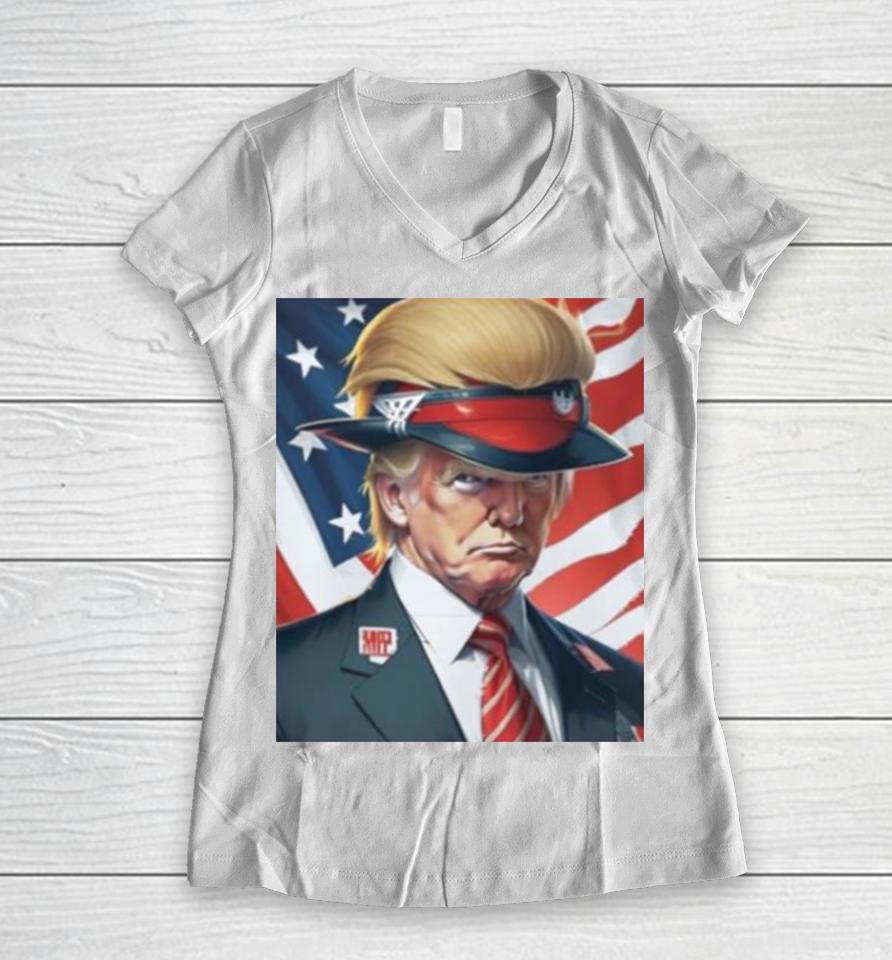 Donald Trump With Beautiful Hair America Flag Women V-Neck T-Shirt