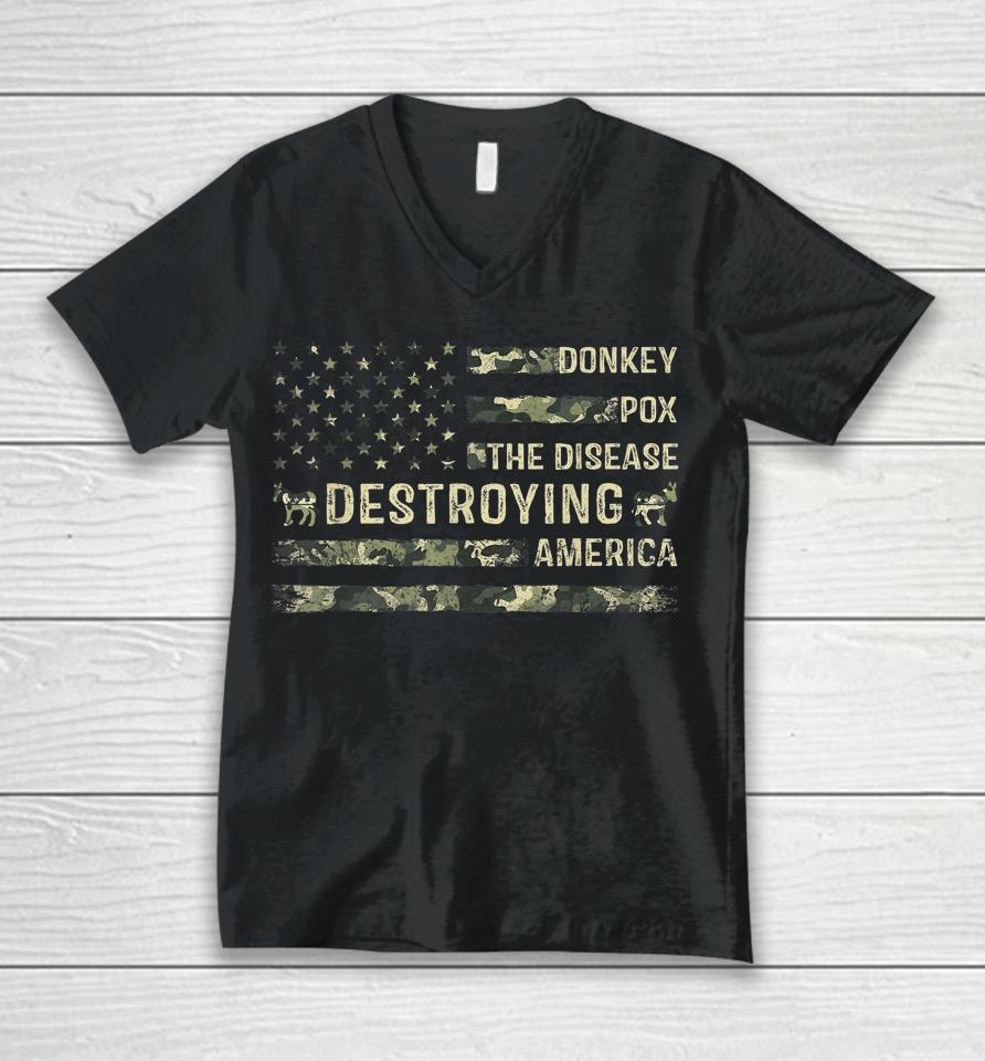Donkey Pox The Disease Destroying America Usa Flag Funny Unisex V-Neck T-Shirt