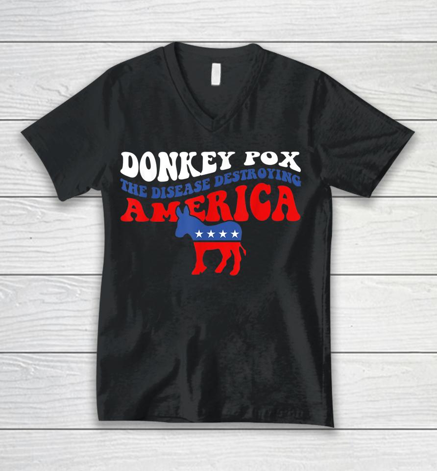 Donkey Pox The Disease Destroying America Usa Flag Funny Unisex V-Neck T-Shirt
