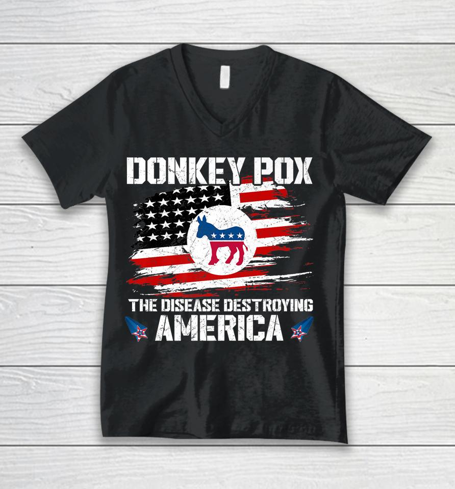 Donkey Pox The Disease Destroying America Usa Flag Unisex V-Neck T-Shirt