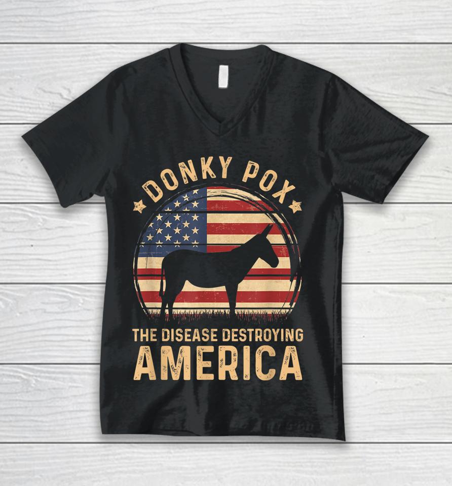 Donkey Pox The Disease Destroying America Vintage Usa Flag Unisex V-Neck T-Shirt