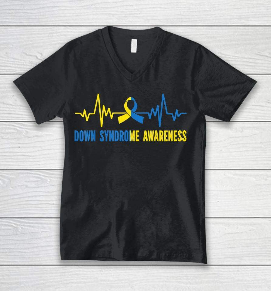 Down Syndrome Awareness Rainbow T21 Yellow Blue Ribbon Unisex V-Neck T-Shirt