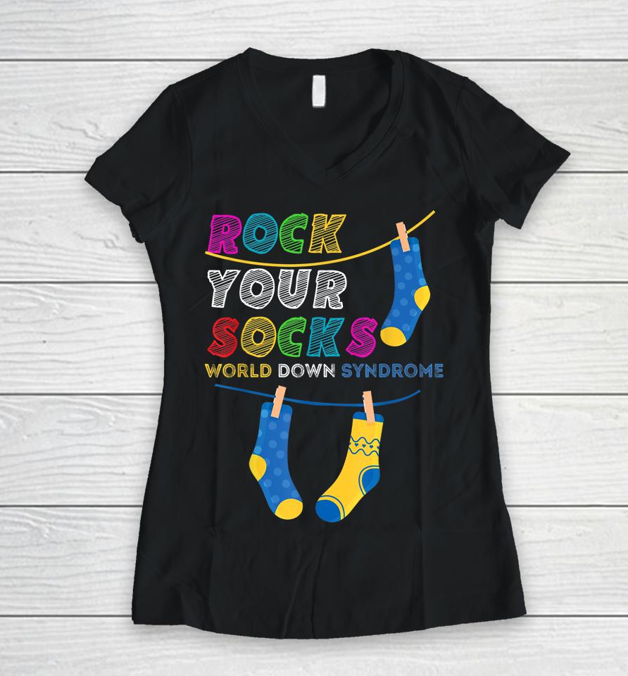 Down Syndrome Awareness Shirt Rock Your Socks Girls Boys Women V-Neck T-Shirt
