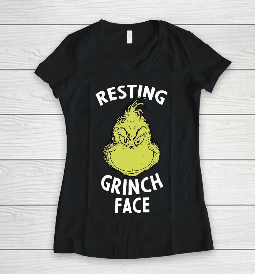 Dr Seuss Resting Grinch Face Women V-Neck T-Shirt