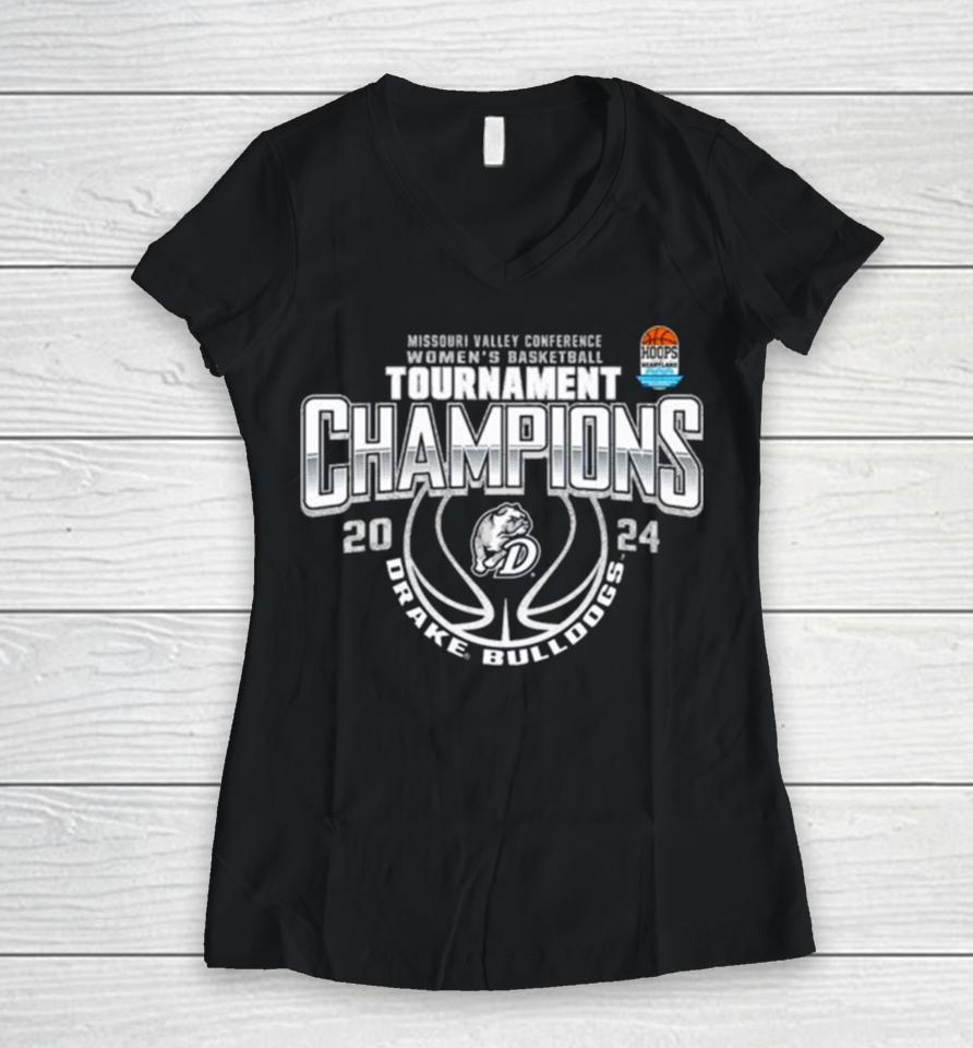 Drake Bulldogs Women’s Basketball 2024 Mvc Conference Tournament Champions Women V-Neck T-Shirt