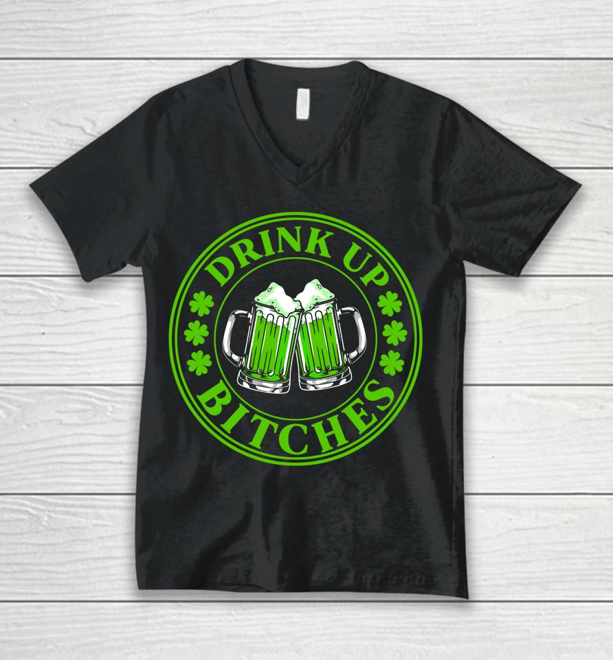 Drink Up Bitches Shamrock Clover Beer St Patrick's Day Unisex V-Neck T-Shirt