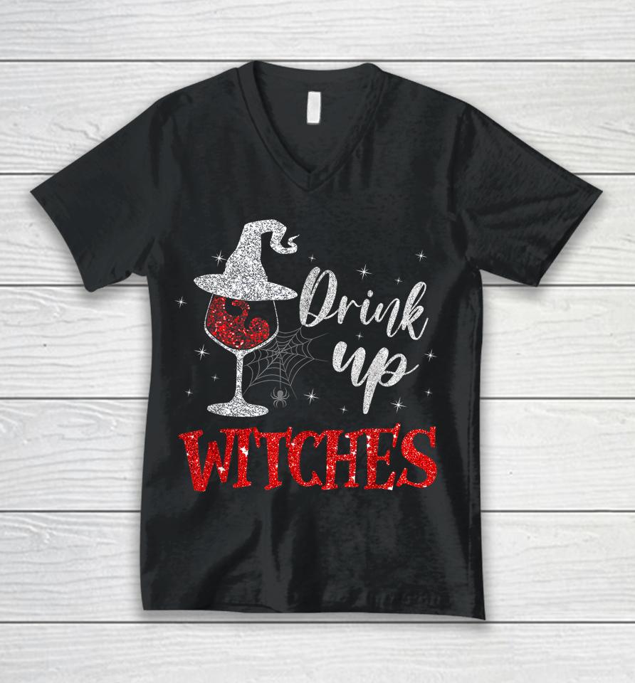 Drink Up Witches Wine Glass Funny Halloween Drinking Unisex V-Neck T-Shirt