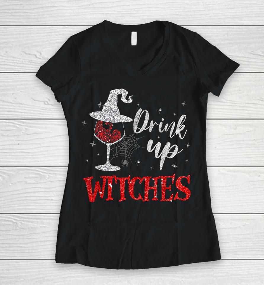 Drink Up Witches Wine Glass Funny Halloween Drinking Women V-Neck T-Shirt