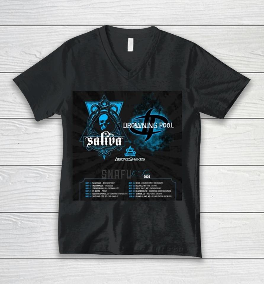 Drowning Pool And Saliva Snafu Le Tour 2024 Performance Schedule Unisex V-Neck T-Shirt