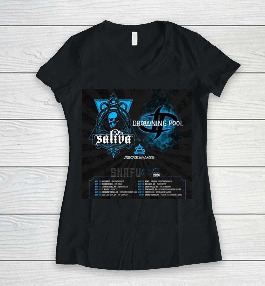 Drowning Pool And Saliva Snafu Le Tour 2024 Performance Schedule Women V-Neck T-Shirt