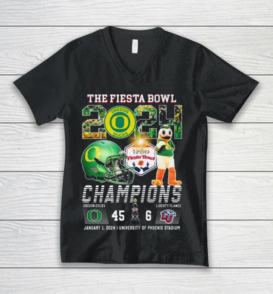 Ducks The Fiesta Bowl 2024 Champions 45 6 Liberty Flames Unisex V-Neck T-Shirt