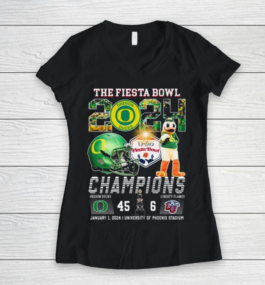 Ducks The Fiesta Bowl 2024 Champions 45 6 Liberty Flames Women V-Neck T-Shirt