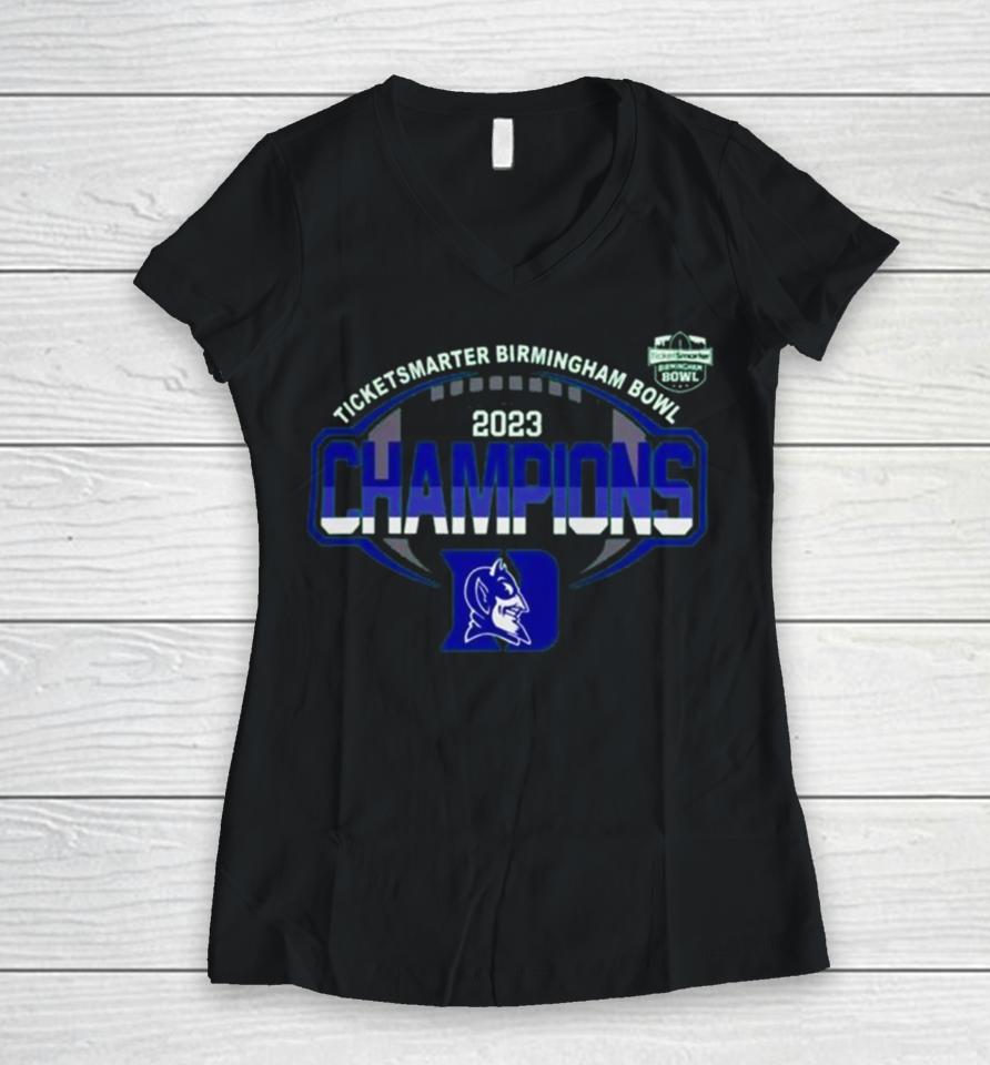 Duke Blue Devils 2023 Ticketsmarter Birmingham Bowl Champions Logo Women V-Neck T-Shirt