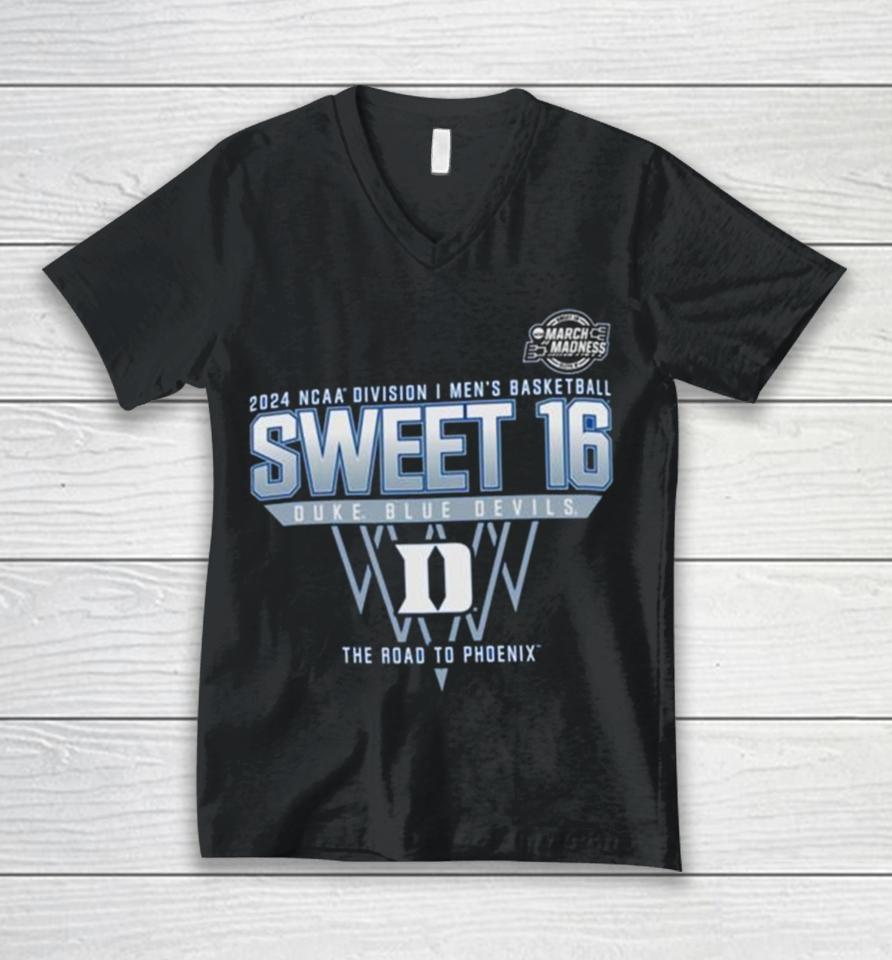 Duke Blue Devils 2024 Ncaa Division I Men’s Basketball Sweet 16 The Road To Phoenix Unisex V-Neck T-Shirt